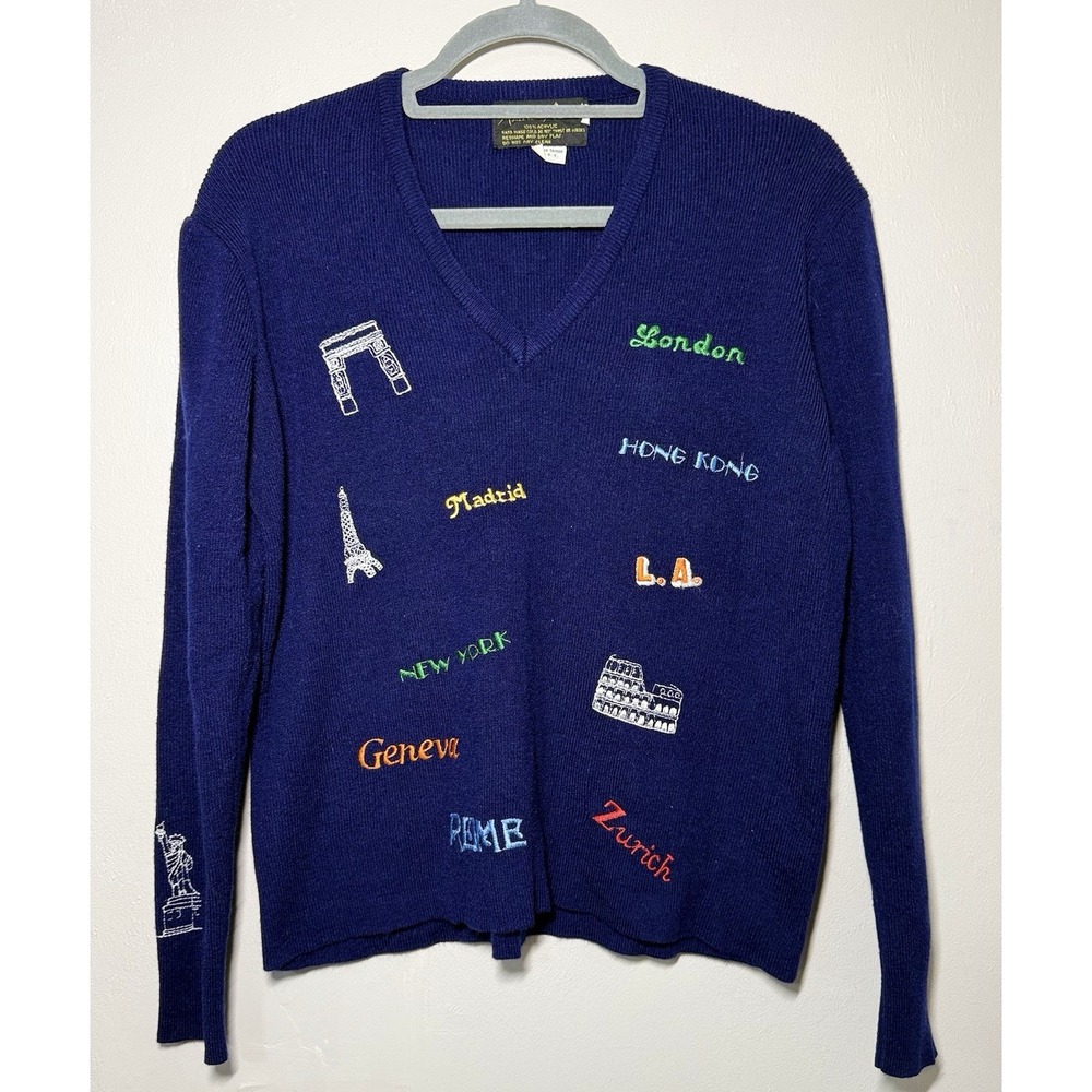Vintage Yuteno Angenti Travel Sweater Women's XL Blue Embroidered V Neck 90s
